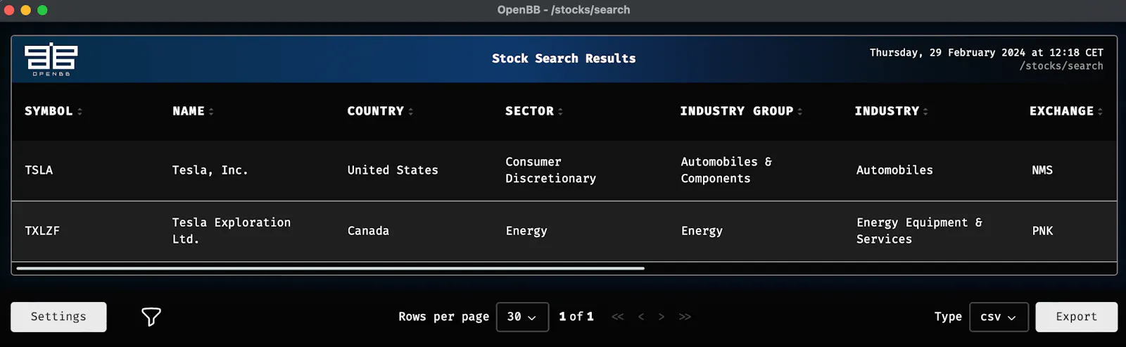 search Tabelle von Tesla (Screenshot der Autoren)