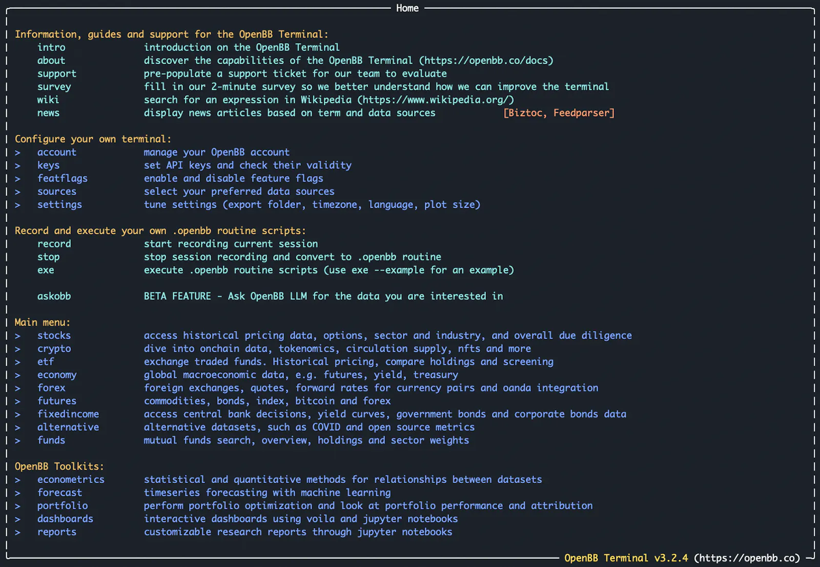 Startbildschirm des OpenBB Terminals (Screenshot der Autoren)